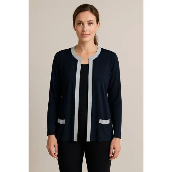 Misook Open Knit Gold Trim Cardigan Black Size M - Picture 12 of 12